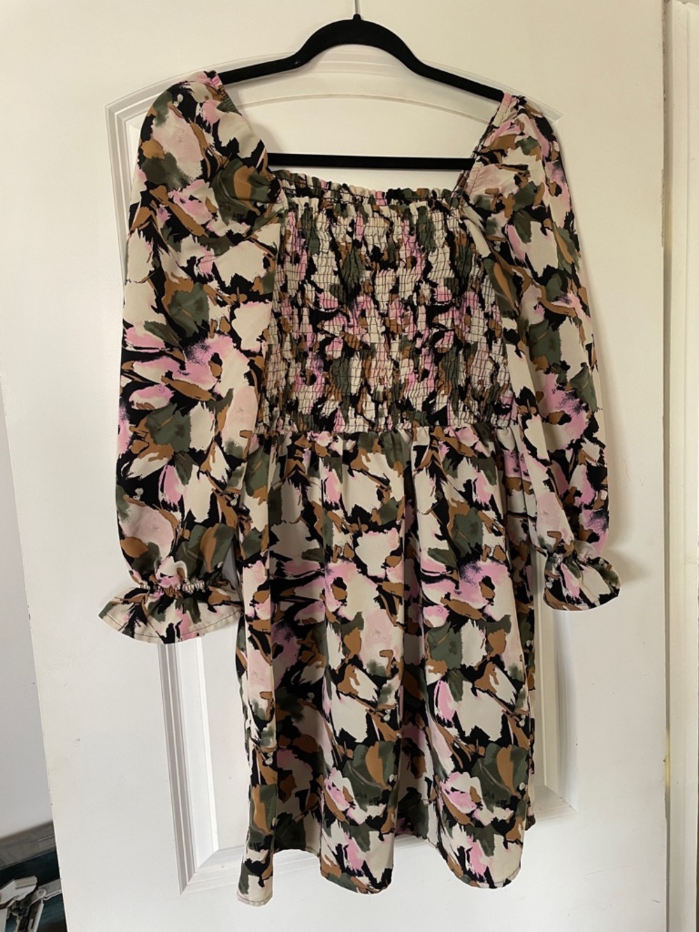 Floral Smocked Square Neck Mini Dress in Pink, Olive & Black